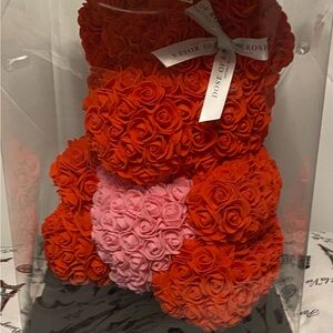 FOREVER ROSE TEDDY BEAR Red RoseTeddy Bear Pink Heart Belly w/4ever Rose Ribbon